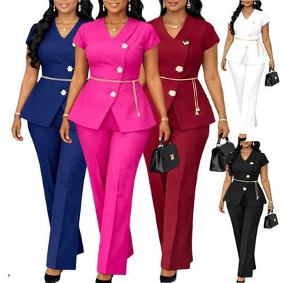 J618 Ensemble estival élégant pour femme, tenue professionnelle à manches courtes avec boutons et col en V, haut et pantalon à jambes larges, ensemble 2 pièces
